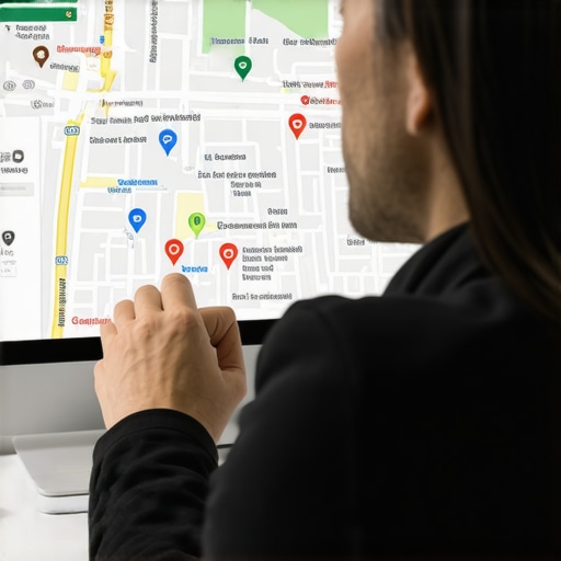 SEO expert reviewing local business rankings on Google Maps with data charts.