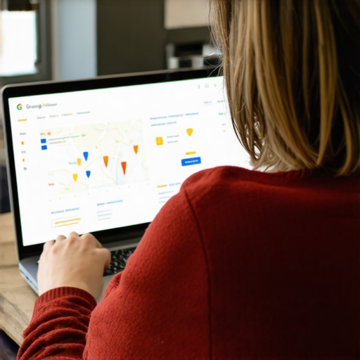 Business owner reviewing Google Maps analytics on a laptop.