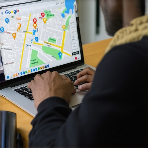 Person reviewing local SEO strategies on a laptop with Google Maps