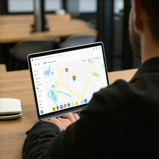 Business owner optimizing Google Maps profile using SEO software in an office