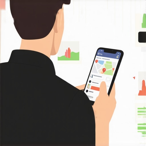 Local Business Owner Optimizing GMB on Mobile Business owner enhancing Google My Business profile on smartphone surrounded by local community visuals.