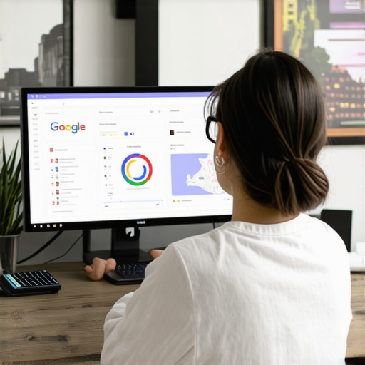 Optimizing GMB Profile for Local SEO in 2025 Digital marketer working on Google My Business optimization with analytics and local maps.