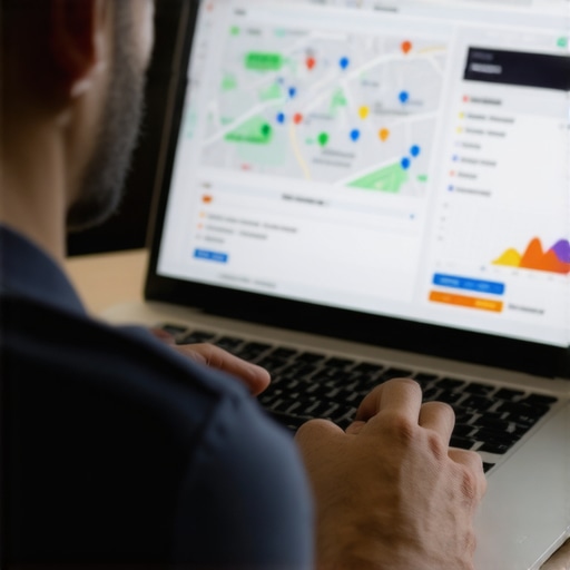 Business owner reviewing local SEO performance on Google Maps with analytics charts.