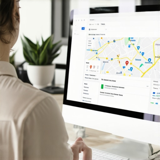 Google My Business Optimization Business owner working on Google My Business profile on a computer with local map overlays