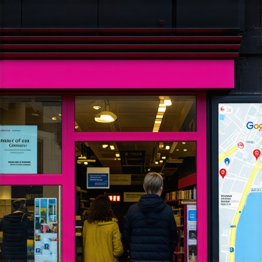 A bustling storefront with signage and customers, illustrating local business visibility.