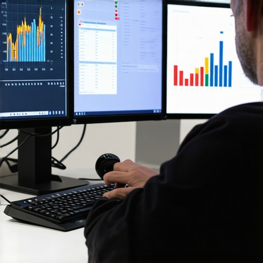A person reviewing local SEO analytics using computer monitors with charts and ranking data