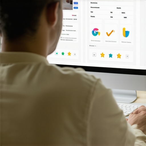 Business owner editing Google My Business profile with charts and review icons.