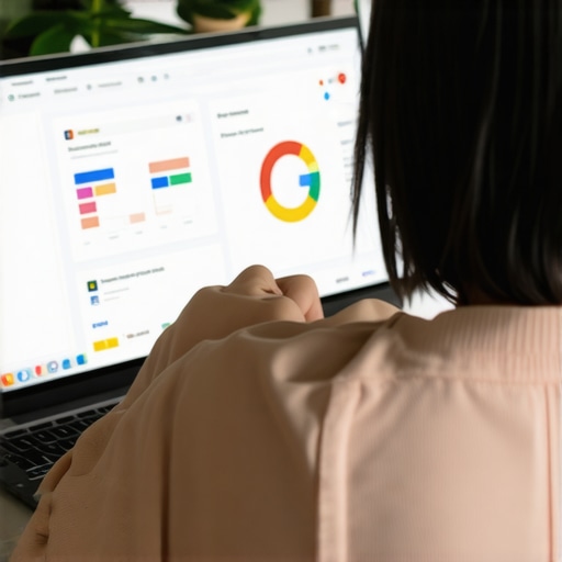 Person working on Google My Business profile optimization on a laptop with analytics charts.