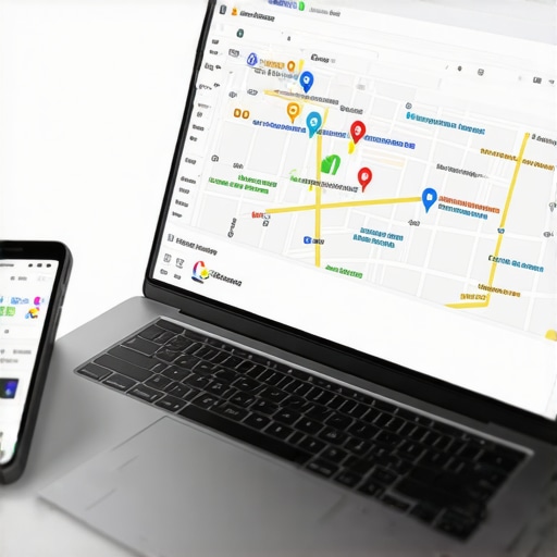 Laptop and smartphone displaying Google Maps and SEO dashboards.