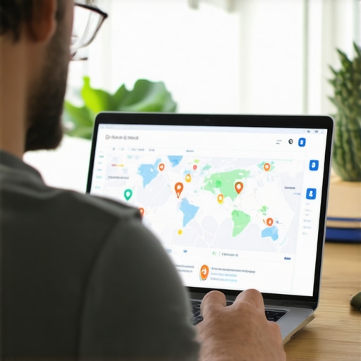 Person updating Google My Business profile on a laptop with local map view