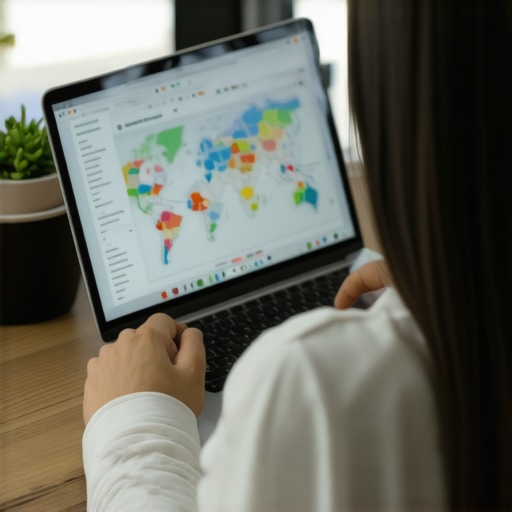 Person analyzing local SEO metrics on laptop with graphs and maps.
