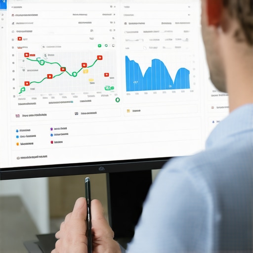 Person analyzing Google Maps rank tracking dashboard with upward trend graphs