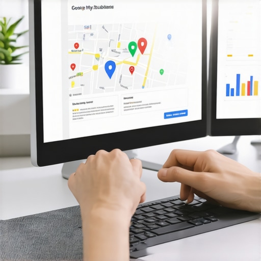 Business owner optimizing Google My Business profile on laptop with maps and analytics
