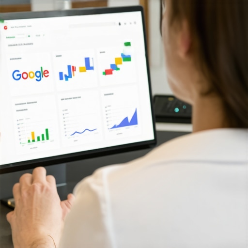 Business owner optimizing GMB profile with images and analytics on a laptop.