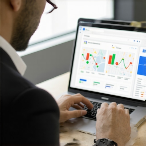Business owner optimizing GMB profile on laptop with analytical charts.