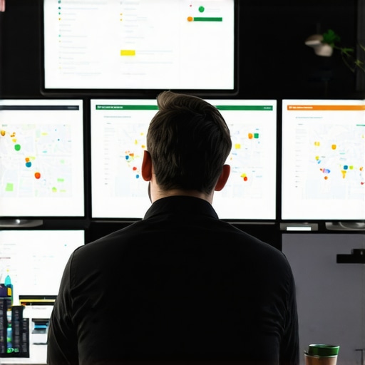 Digital marketer reviewing maps and SEO performance analytics on multiple monitors.