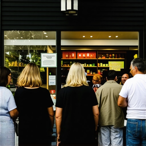 Happy customers outside a thriving local storefront