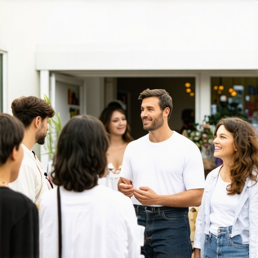 Business owner engaging with customers during a community event outside a small shop.