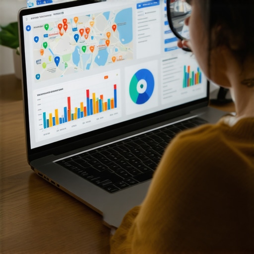 Person analyzing local SEO metrics on a laptop, focusing on maps and growth charts.