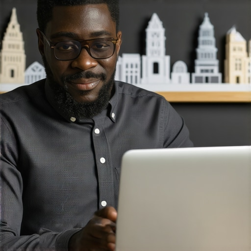 Business owner editing Google My Business profile on laptop with local landmarks