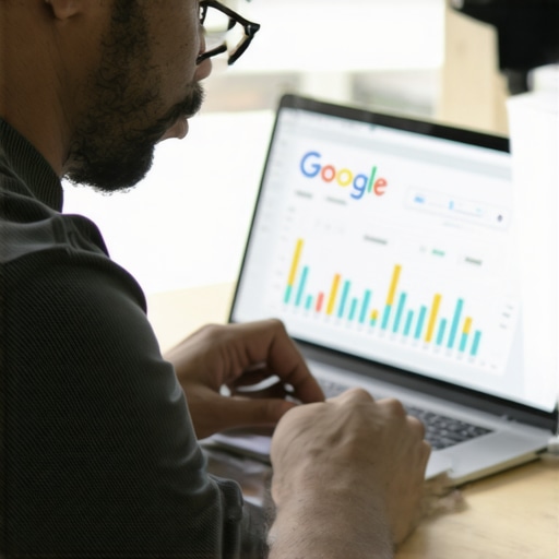 Business owner improving Google profile on laptop with rising ranking charts.