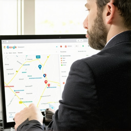 Businessman reviewing local SEO metrics on a desktop computer with Google Maps visible on monitor.