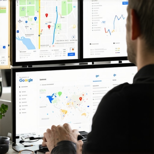 Marketing professional reviewing local SEO analytics with Google Maps and ranking charts.