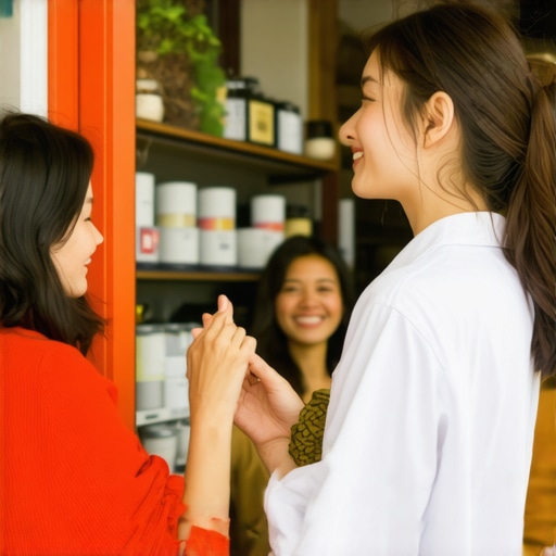 Business owner interacting with happy customers at storefront