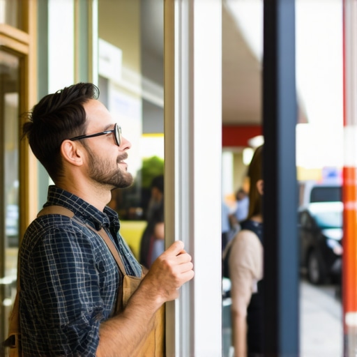 Business owner interacting with community outside storefront, symbolizing authentic local activity.