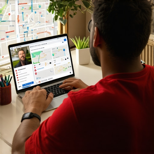 Business owner optimizing GMB profile with local maps and digital tools.