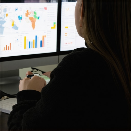 Person analyzing SEO metrics on a laptop with charts and maps