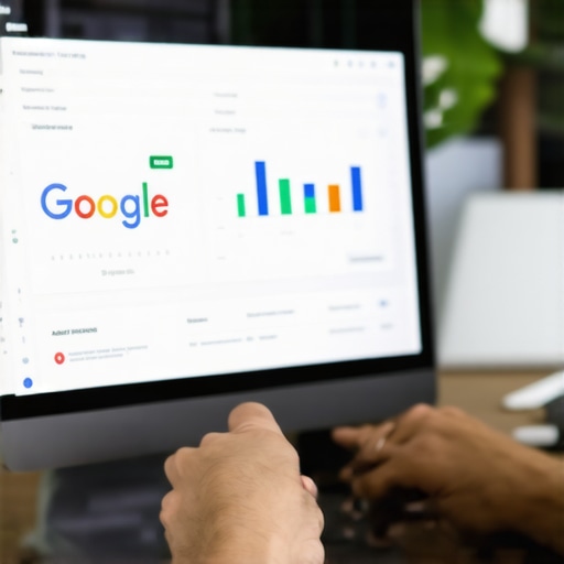 Monitoring GMB Performance with Analytics Business analyst reviewing Google My Business analytics on a laptop in a modern office.