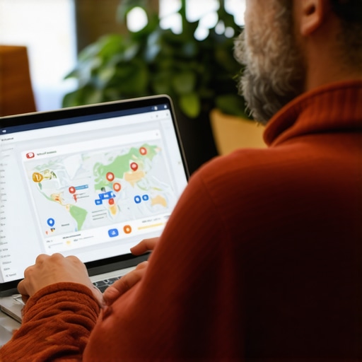 Business owner optimizing Google My Business profile on laptop showing local maps and analytics