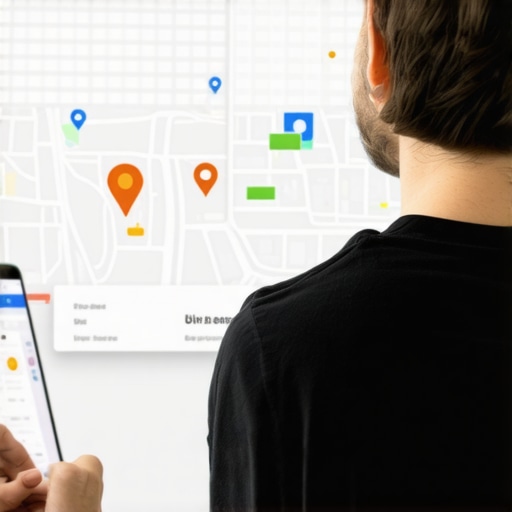 Business owner working on Google My Business profile with maps and customer reviews.