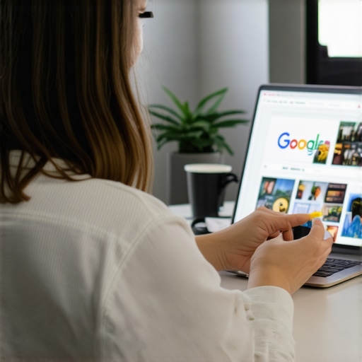 Business owner updating Google My Business profile with images and keywords