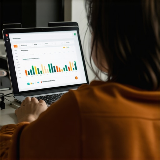 A professional managing SEO analytics for Google My Business using various software tools in a modern office.