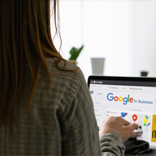 Business owner updating Google My Business profile on a laptop with SEO graphs and maps.