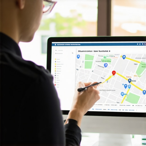 Business owner editing Google My Business profile on a computer with local map in background