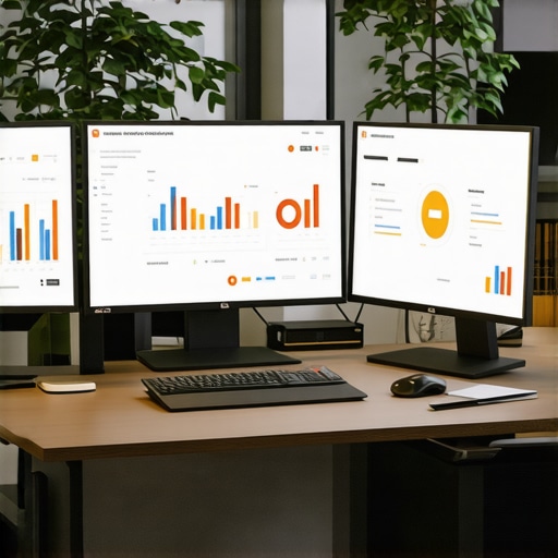 Desk with monitors showing SEO dashboards and citation management platforms