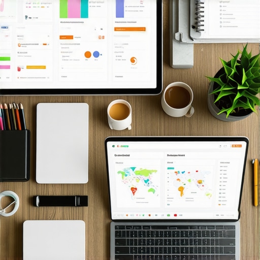 A desk setup with SEO analytics dashboards and a laptop showing Google Maps data.