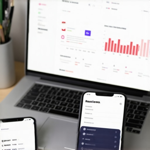 Laptop and smartphone with analytics and review management apps on a clean desk for local SEO tools